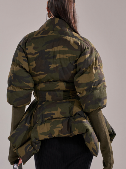Camouflage Rip Sleeve Ruffle Coat