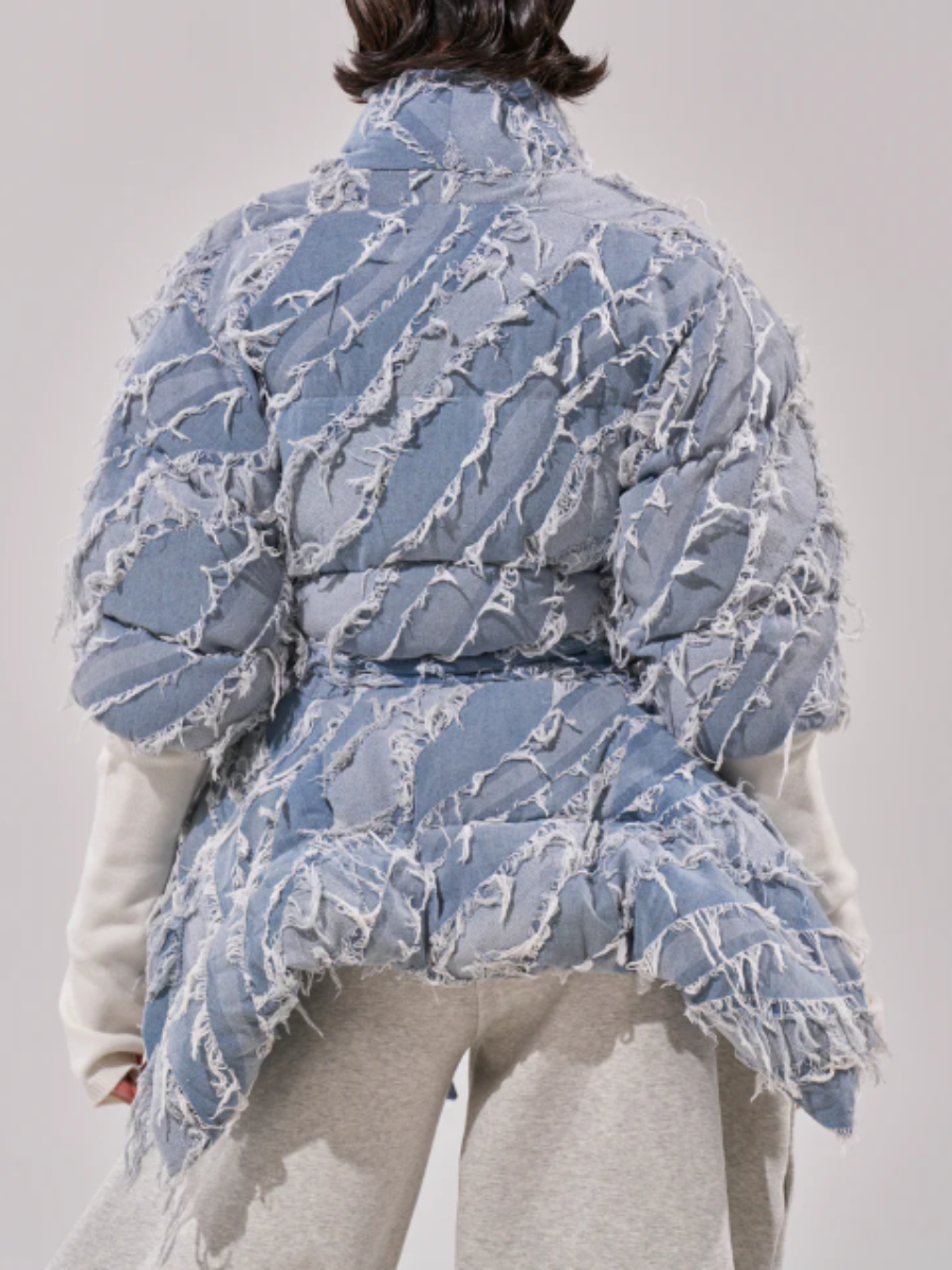 Denim Rip-Sleeve Ruffle Coat