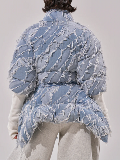 Denim Rip-Sleeve Ruffle Coat