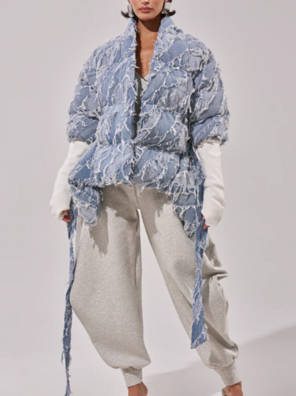 Denim Rip-Sleeve Ruffle Coat