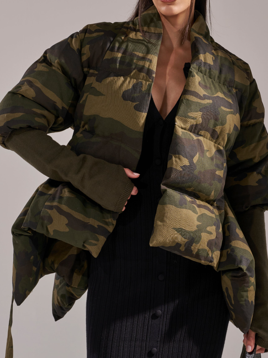 Camouflage Rip Sleeve Ruffle Coat